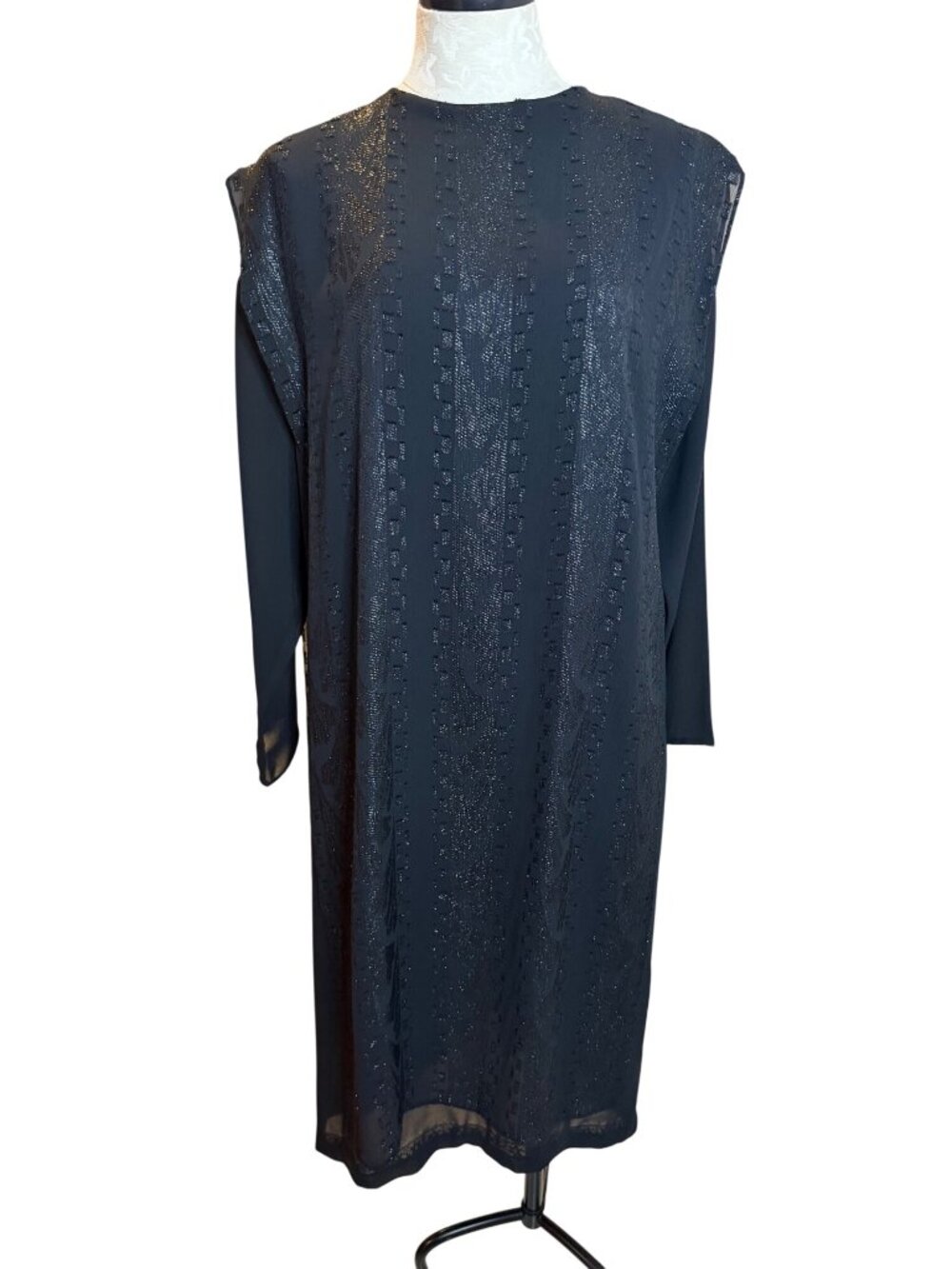 Vintage Womens Metallic Layered Shift Dress Crepe Size M Black Pullover Chic